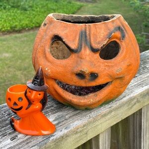 Vintage Halloween lot with papier-mâché pumpkin candy bucket and Rosbro witch